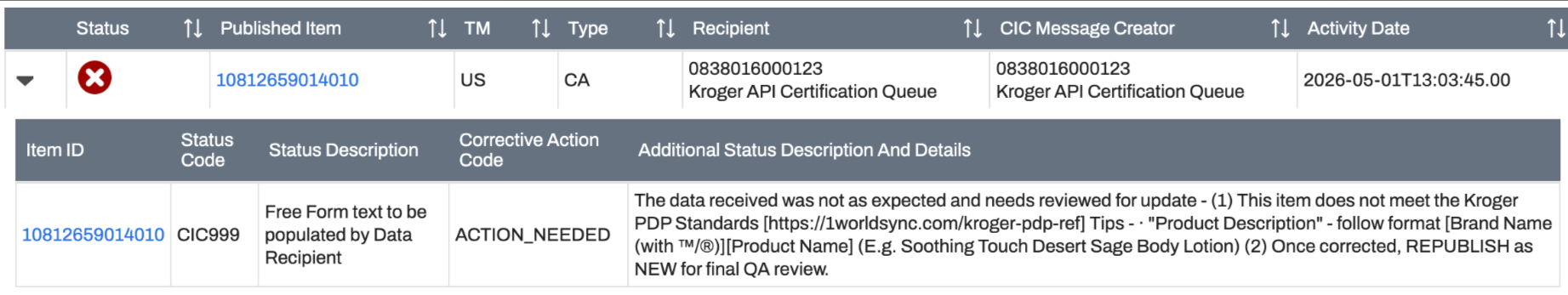 Kroger API - Resolve CIC Messages - Product Descri... - 1WorldSync ...